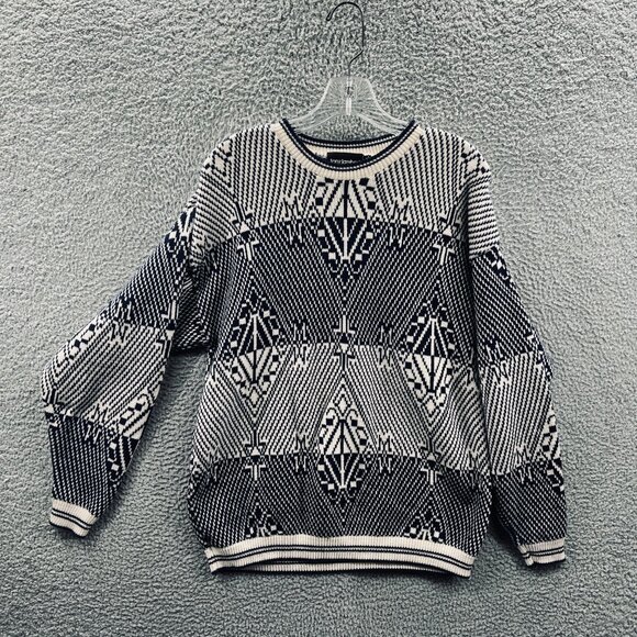 Tony Lambert Men Sweater Large Navy White 100% Cotton Geometric Knit Pullover - Picture 1 of 9